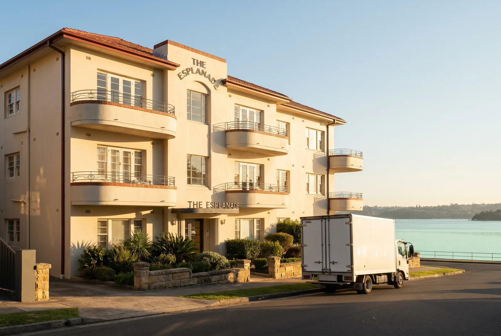 Cream interwar walk-up apartment building near Balmoral Beach in morning light