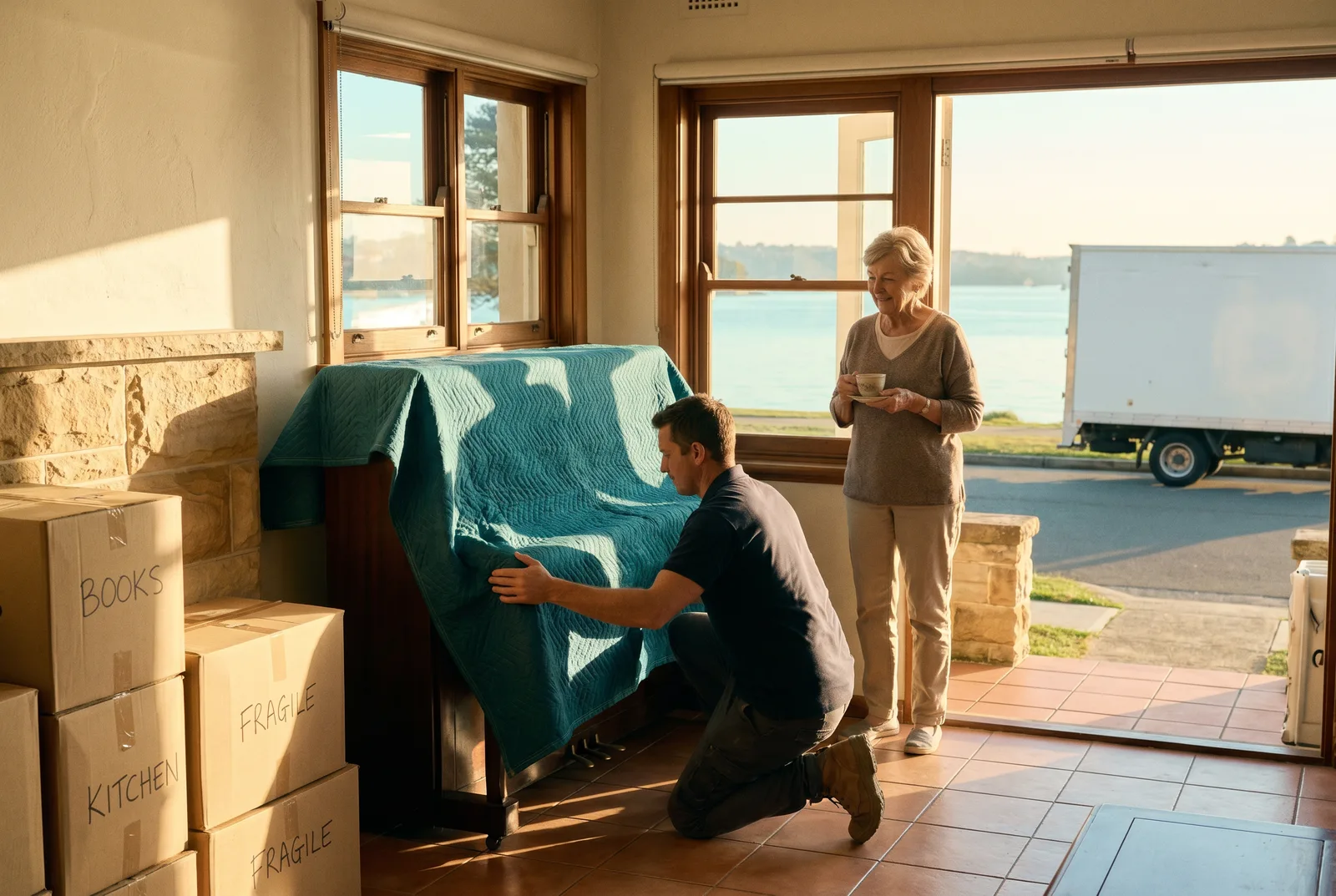 A removalist wrapping an upright piano in a moving blanket while the owner watches with a cup of tea