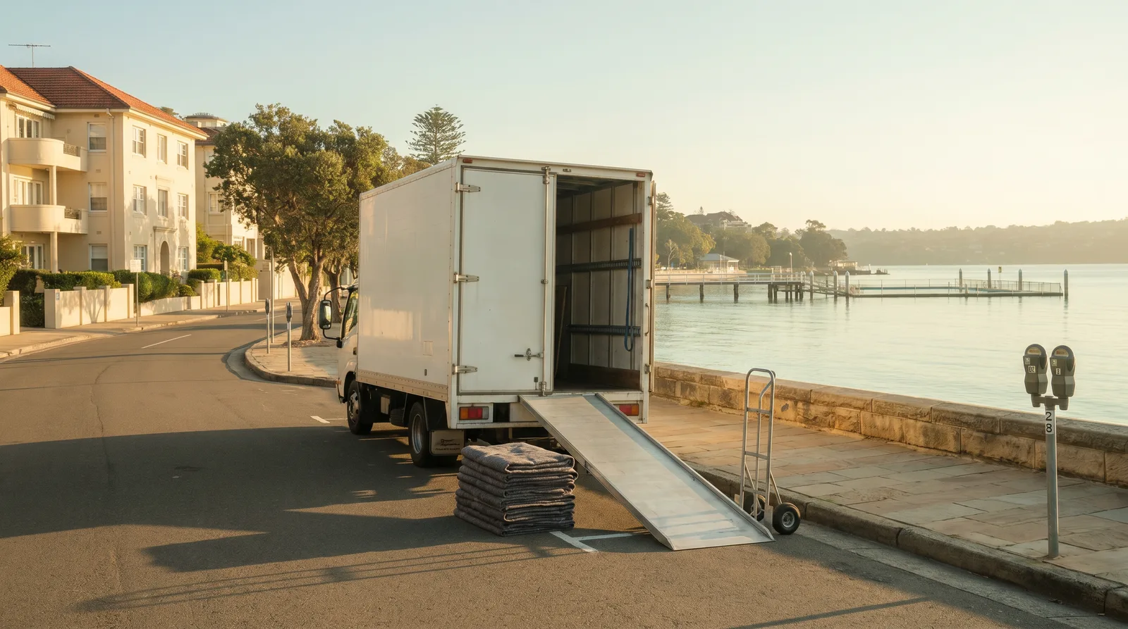 An empty Esplanade kerb at 7am with a removals truck, ramp down, parking meters unoccupied