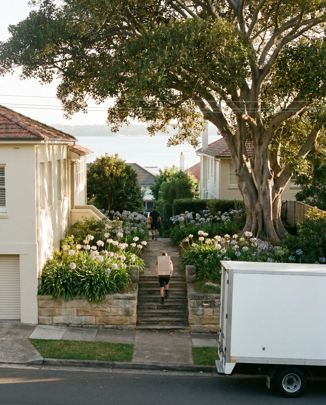 A removalist carrying a carton up long sandstone garden steps