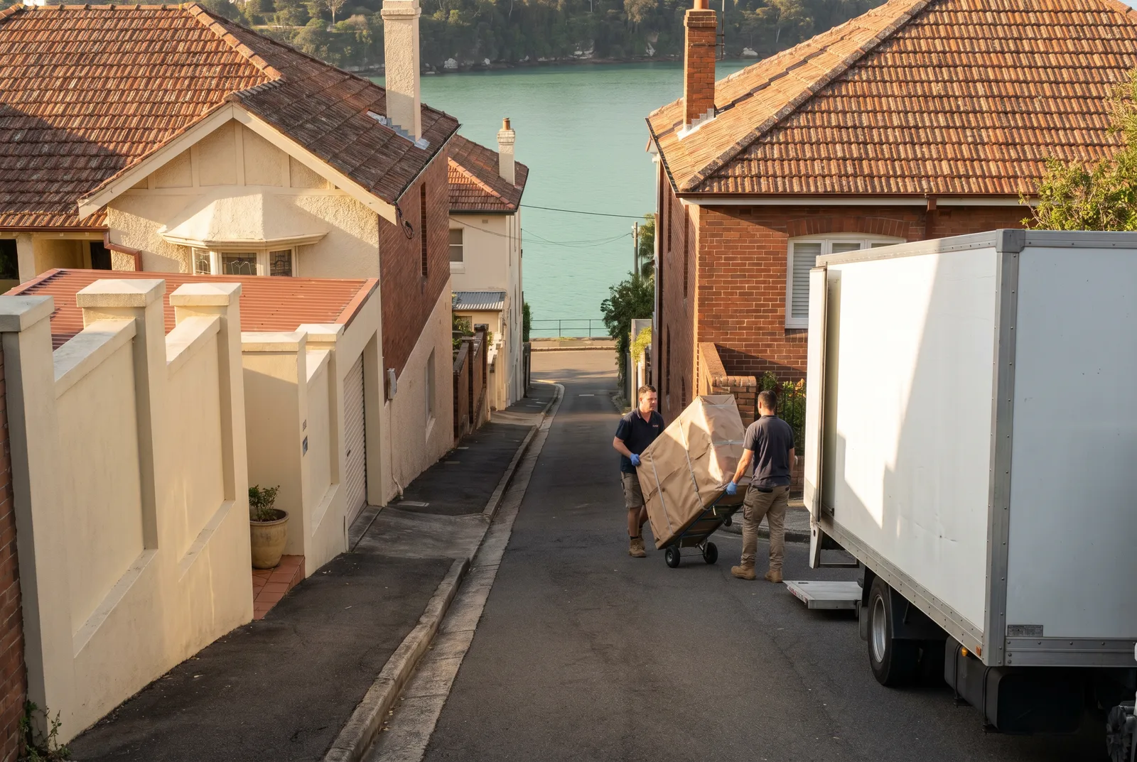 A removals truck standing at the crest of a steep Balmoral street while movers carry furniture down