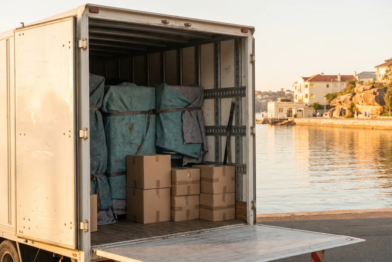 Inside a removals truck with furniture wrapped in teal blankets and strapped to the walls