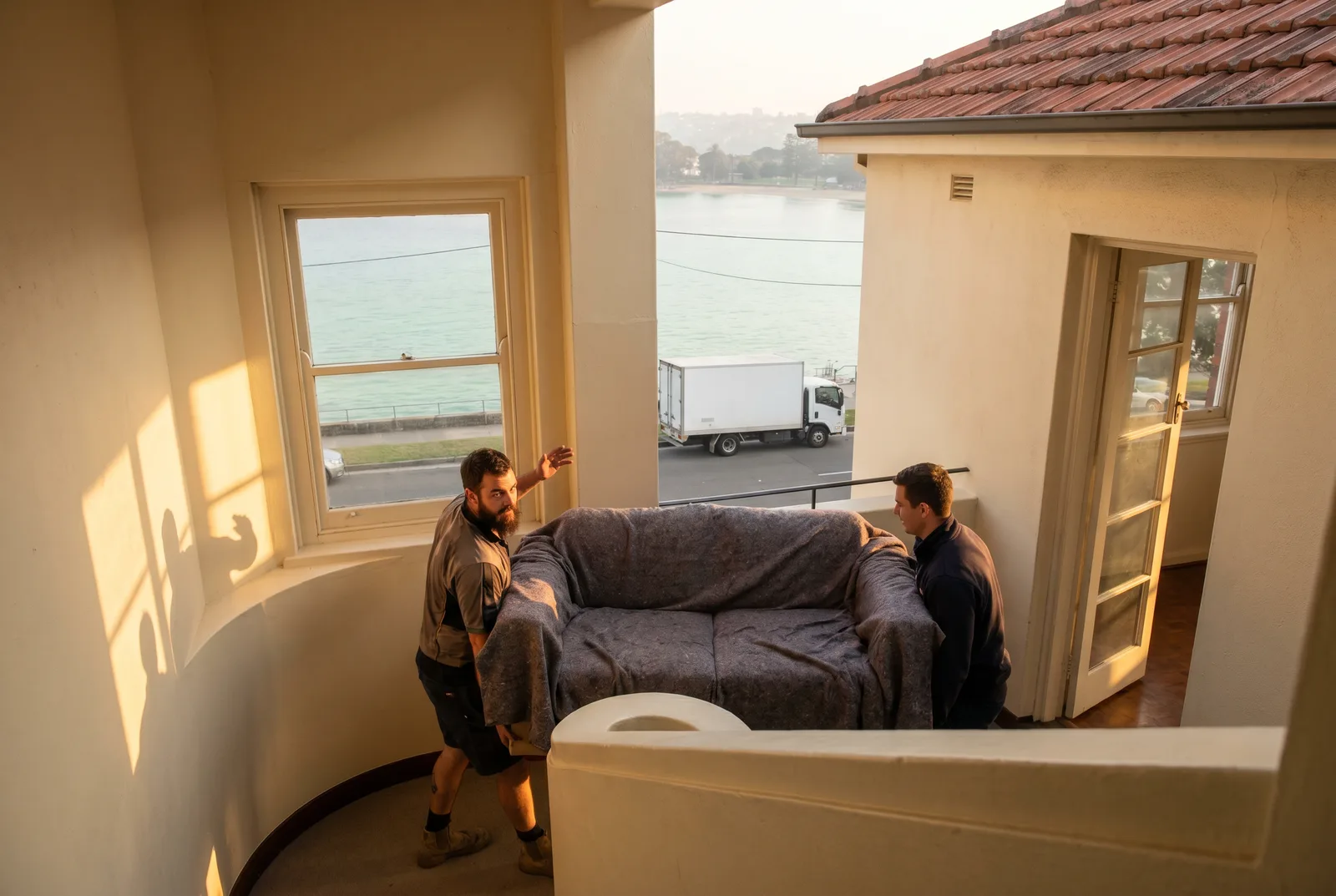 Removalists carrying a wrapped sofa down a narrow art deco stairwell